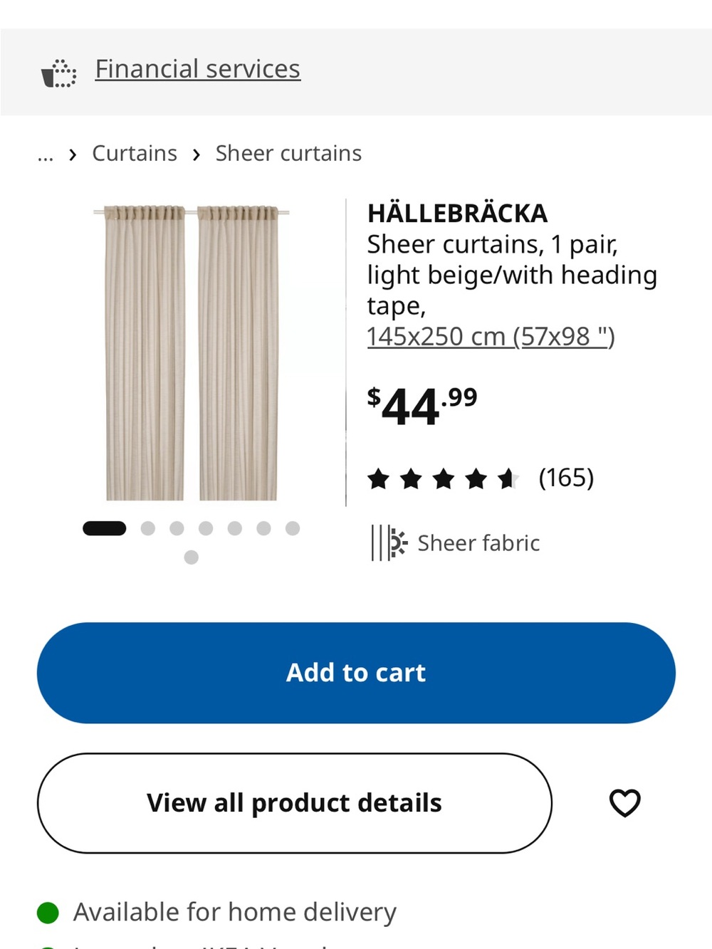 Sheer Curtains Pair in Light Beige